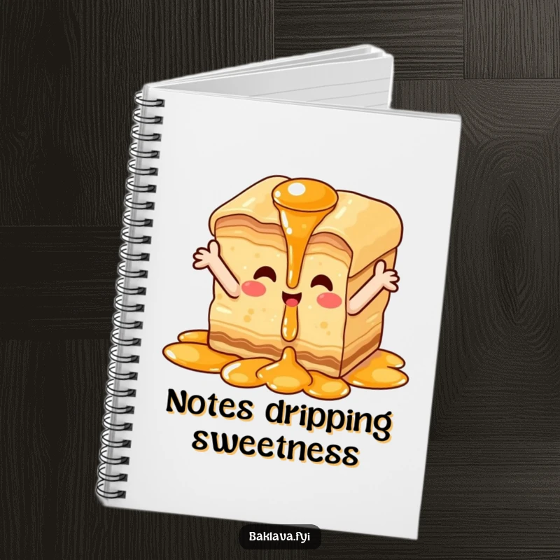 Funny happy baklava notebook, journal with baklava piece enjoying syrup cascade, encouraging sweet creativity.