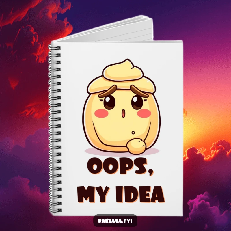Funny surprised pastry with raised crust eyebrows, reacting to a falling crumb, on a notebook, designed for jotting down ideas with comical baked good humor.