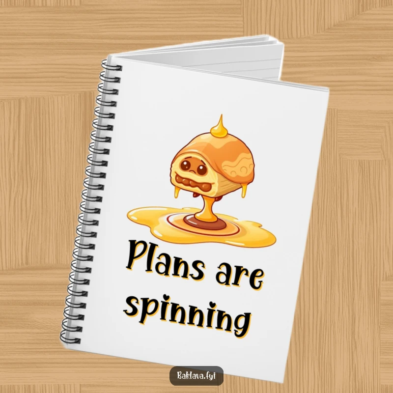 Funny wobbly baklava notebook, journal with baklava balancing on honey, encouraging humorous reflection.