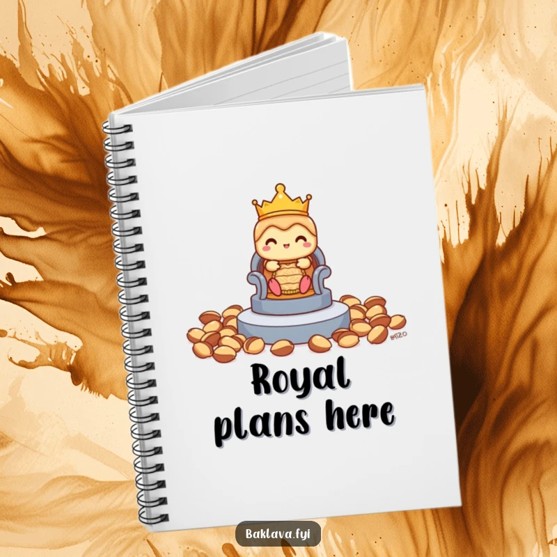 Funny shy baklava notebook with a crown, eyeing a pistachio throne, ideal for jotting down regal plans or sweet thoughts.
