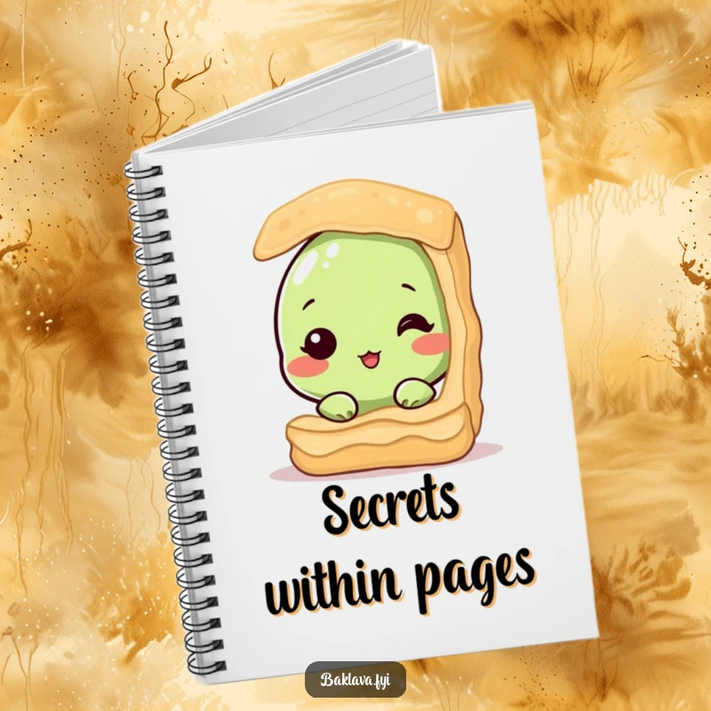 Funny notebook with a shy pistachio nut peeking from baklava, perfect for journaling with a touch of adorable, humorous sweetness. Useful stationery.