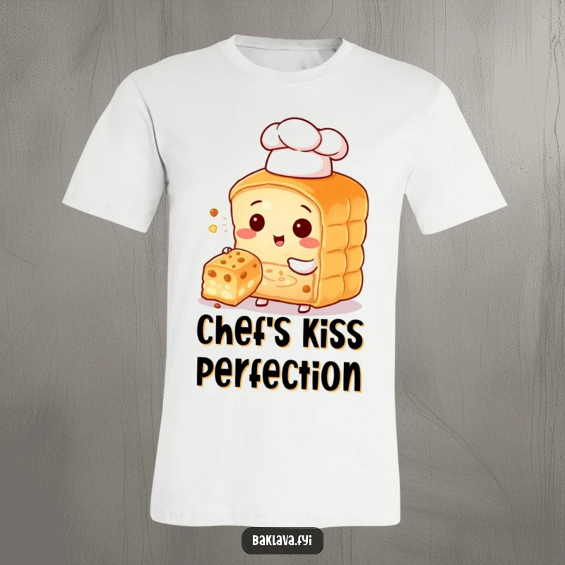 Funny baklava slice character chef wearing a small hat, offering a bite, a cute and humorous t-shirt.