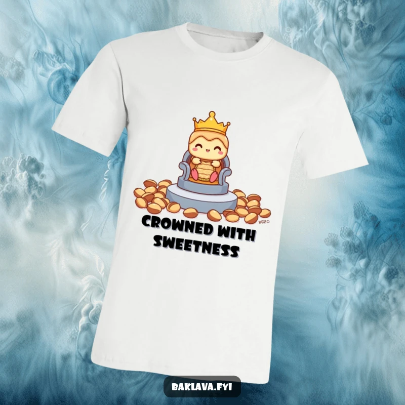 Funny shy baklava t-shirt featuring a small crown, attempting to claim a throne made of pistachios, a subtly humorous statement.