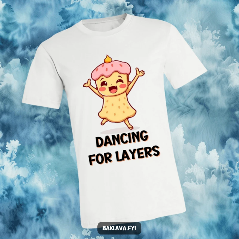Funny T-shirt showing a piece of baklava striking a triumphant dance pose, perfect for celebrating success with sweet, humorous flair.