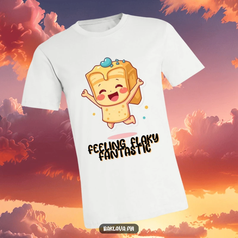 Funny baklava piece jumping with joy, printed on a t-shirt, embodying ecstatic dessert celebration and humor.