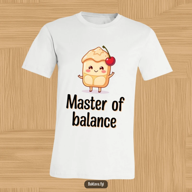 Funny Baklava T-Shirt displaying a happy slice character with a sweet smile, skillfully balancing a cherry on top.