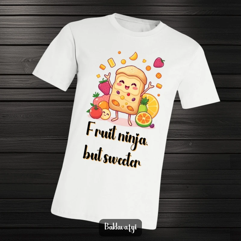 Funny baklava t-shirt showcasing a happy baklava character expertly juggling a variety of colorful candied fruits, a treat for the eyes.