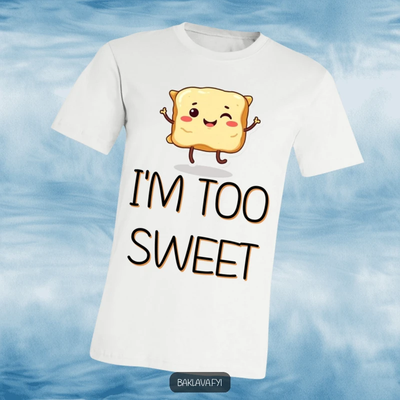 Funny smiling piece of baklava with little legs, performing a lively and playful dance, full of sweet joy on this t-shirt.