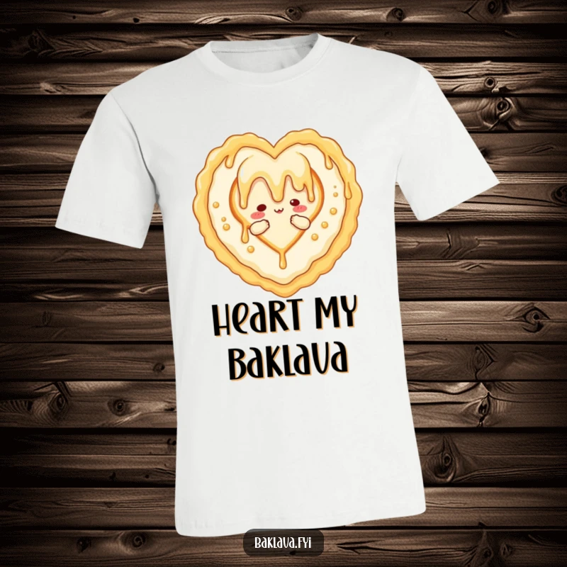 Funny T-shirt featuring a honey drizzle character making a heart shape around baklava, perfect for romantic and sweet humor.