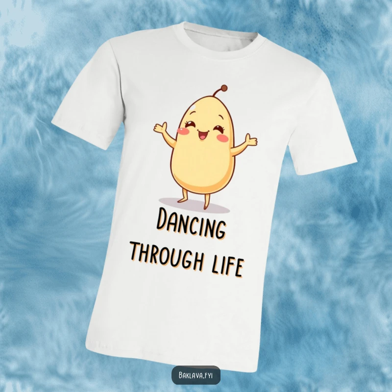 Funny jolly sesame seed character doing a tiny jig on a comfortable t-shirt, perfect for casual, humorous wear.