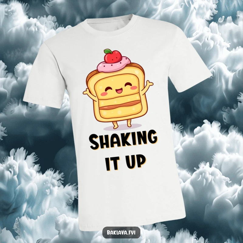 Funny happy, layered pastry doing a little shimmy, printed on a t-shirt, embodying cheerful and celebratory baked good energy.