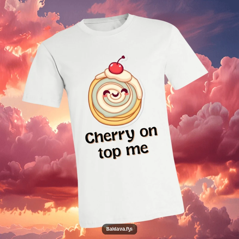 Funny layered pastry character in a joyful twirling motion with a cherry on top, a delightful funny t-shirt.