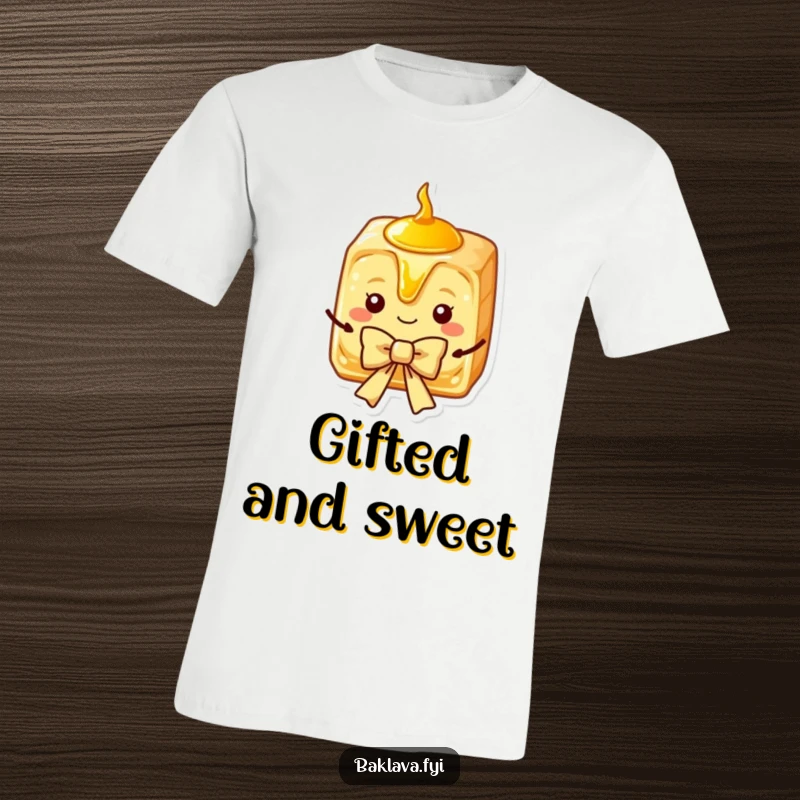 Funny Baklava T-Shirt displaying a charming slice with golden syrup, gracefully presenting a decorative bow.