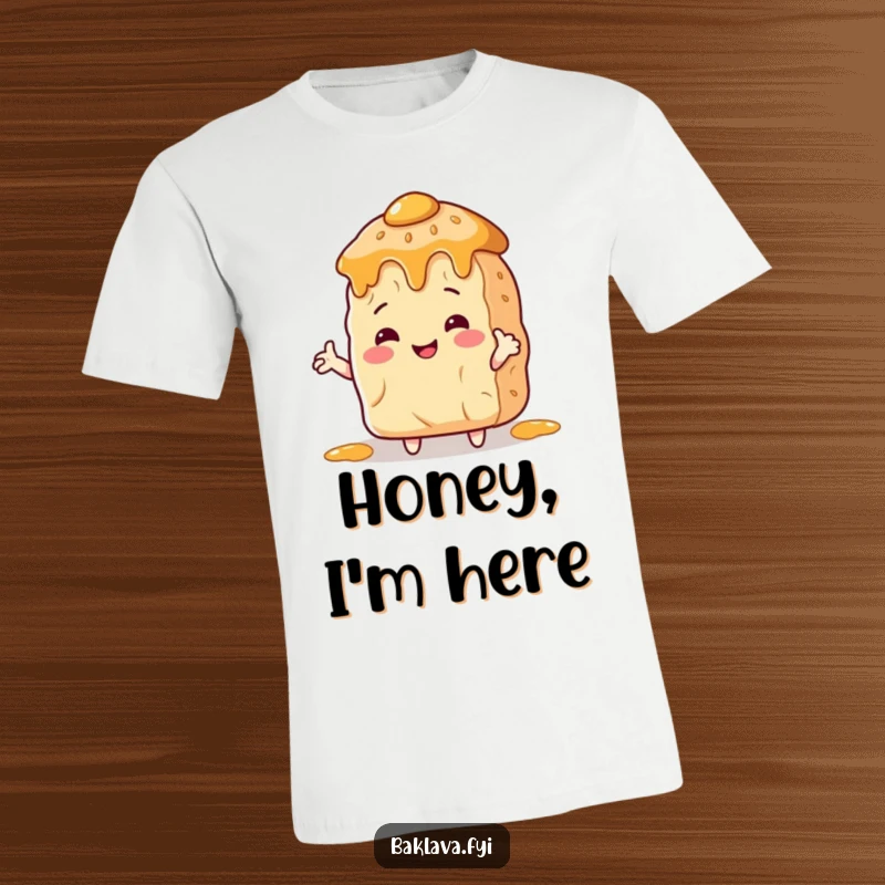 Funny T-Shirt: A baklava piece with arms embraces a honey pot, depicting a funny and loving dessert moment.