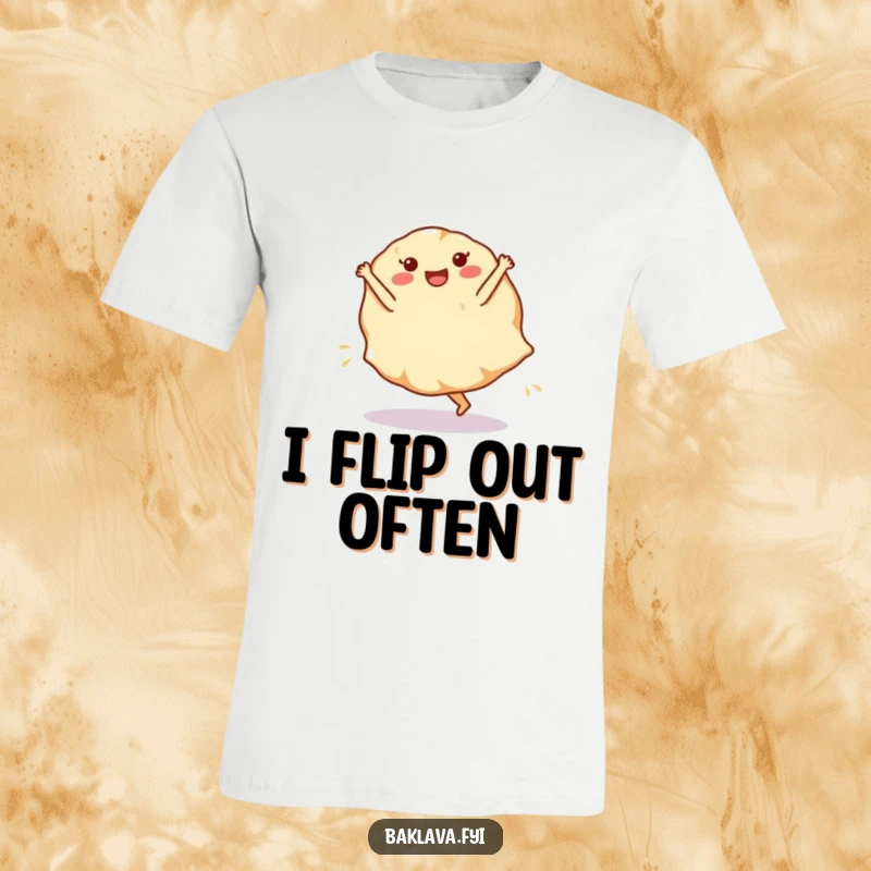 Funny phyllo dough sheet t-shirt performing a cartwheel, a delightful representation of pastry flexibility and fun.