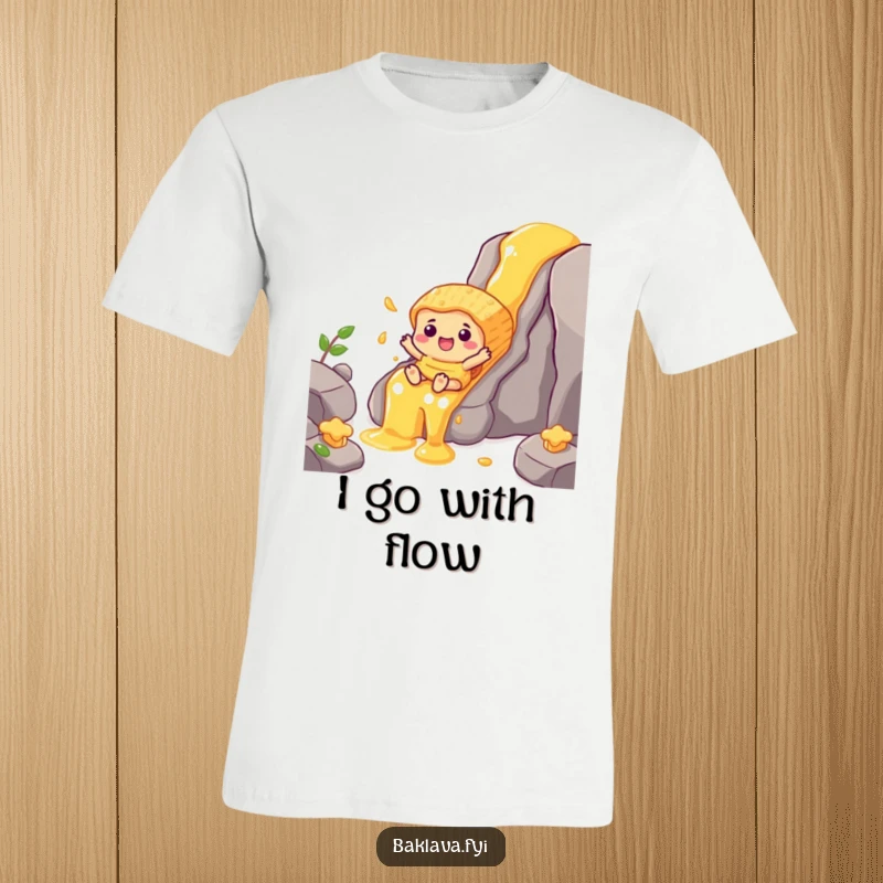 Funny cheerful baklava character sliding down a honey waterfall, a fun and adventurous t-shirt.