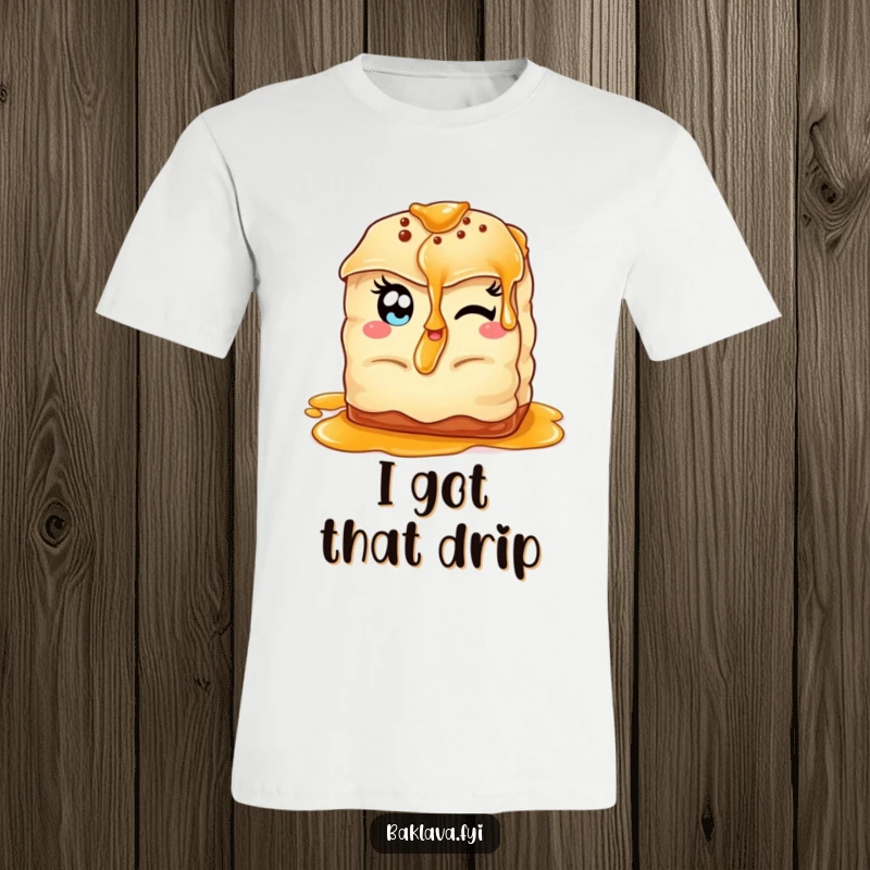 Funny winking baklava t-shirt featuring a baklava with almond eyes, offering a tempting syrup drizzle with a wink.