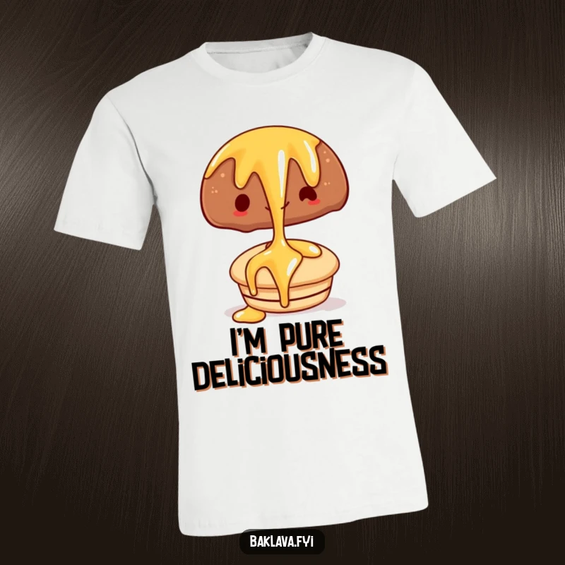 Funny t-shirt featuring a happy syrup drizzle flowing over a tempting pastry, a humorous and appetizing design.