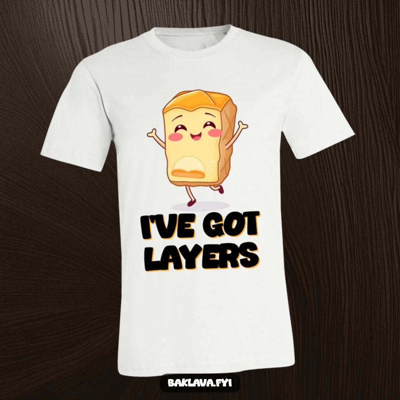 Funny baklava t-shirt showcasing a smiling piece of pastry doing a joyful little jig, perfect for dessert enthusiasts who love humor.