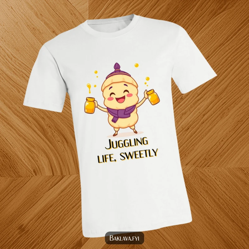 Funny t-shirt: a happy baklava character energetically juggles several jars of golden honey.