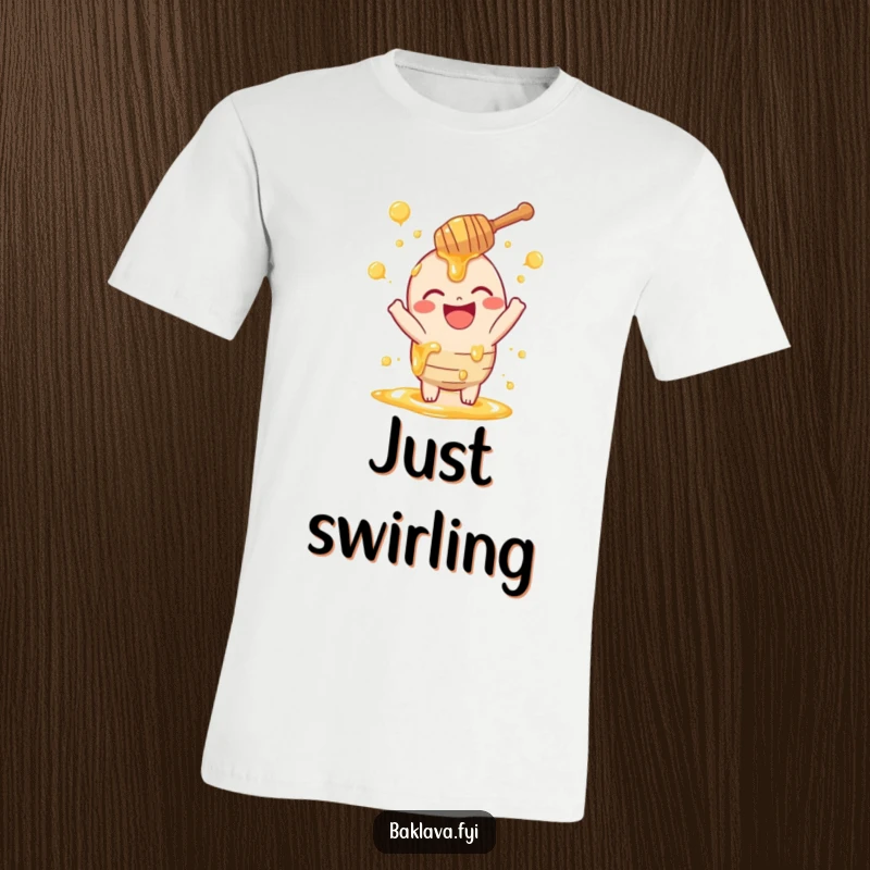 Funny honey dipper t-shirt showcasing a laughing dipper playfully sprinkling swirls, perfect for sweet treat enthusiasts who love humor.