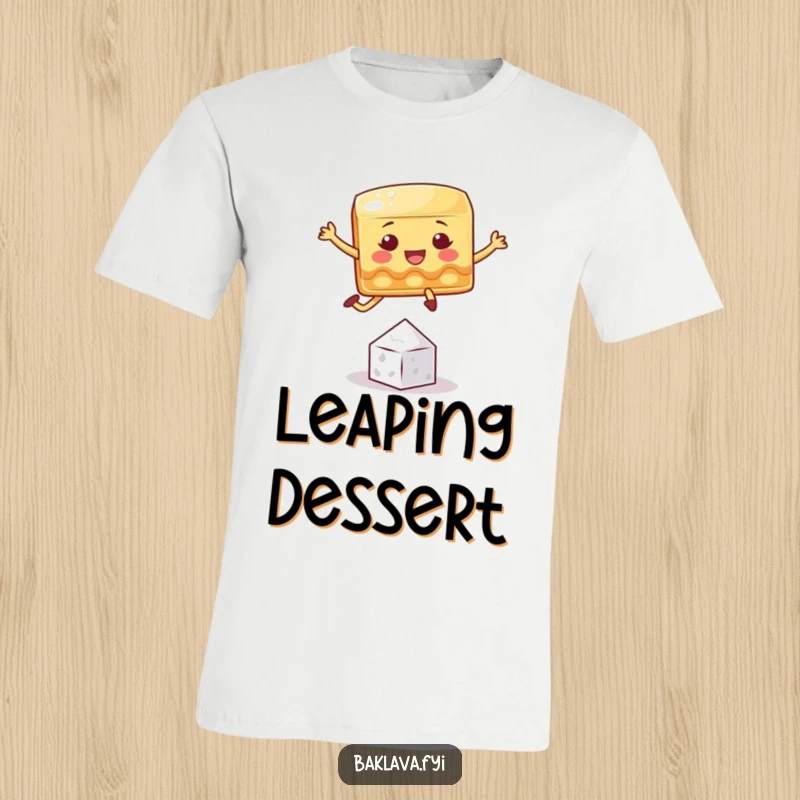Funny baklava t-shirt with a playful square character leaping over a sugar crystal, symbolizing sweet agility.