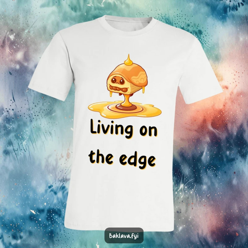 Funny wobbly baklava t-shirt, baklava attempting balance on spinning honey, expressing humorous struggle.