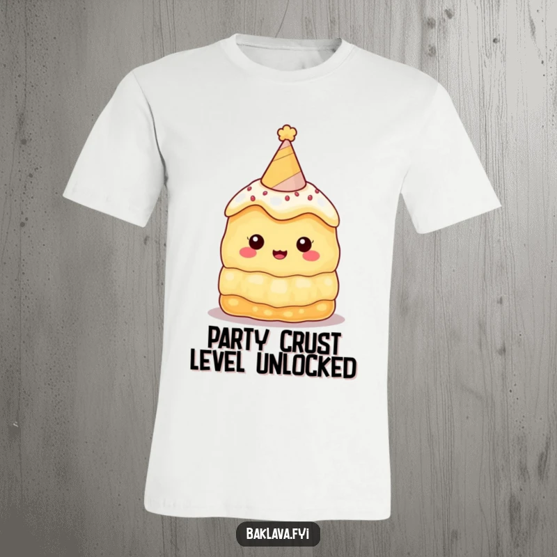 Funny baklava t-shirt showcasing a delightful character in a party hat, expressing pure joy and a love for celebrations, perfect for sweet humor lovers.
