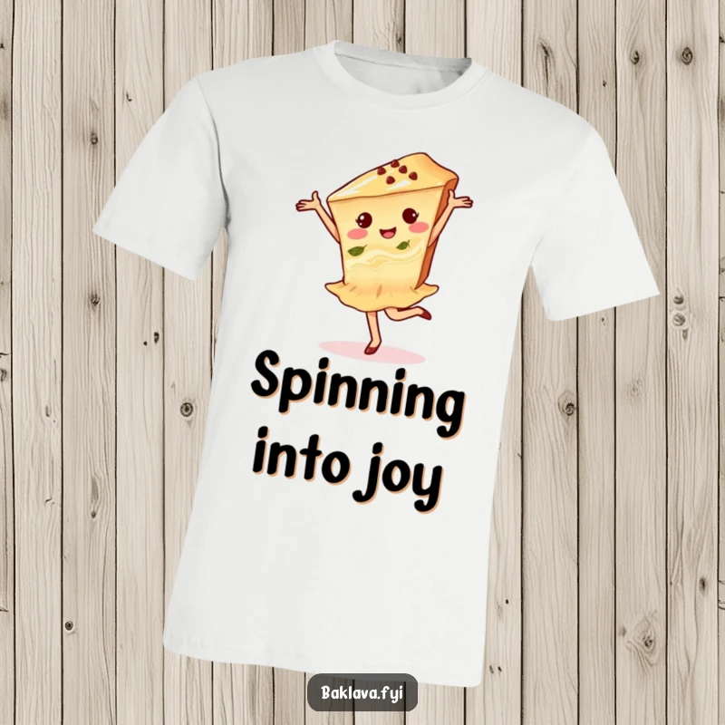 Funny baklava dancer t-shirt featuring a delighted baklava slice gracefully doing a pirouette, full of sweet energy.