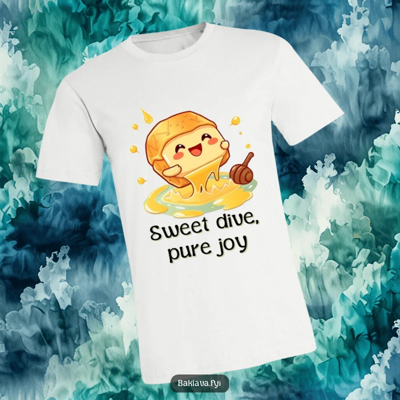 Funny giggling baklava piece doing a cannonball into a honey pool, a joyful and humorous t-shirt.