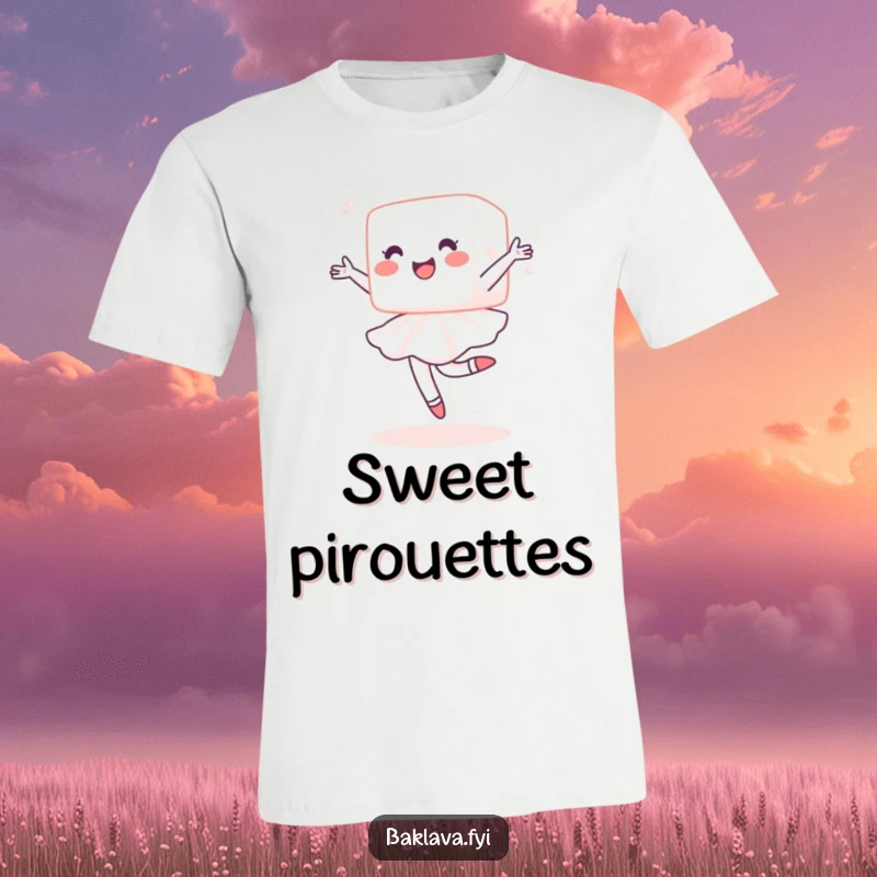 Funny sugar cube t-shirt showcasing a delighted cube performing a ballet pirouette, perfect for sweet treat enthusiasts who enjoy humor.