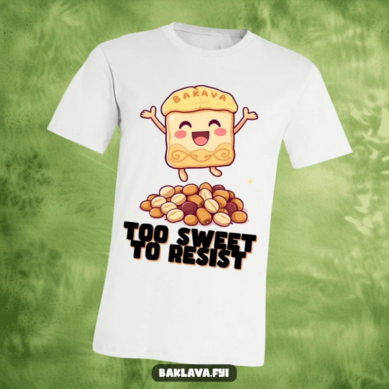 Funny baklava t-shirt showcasing a delighted baklava character energetically leaping over a small mound of nuts, a symbol of carefree fun.