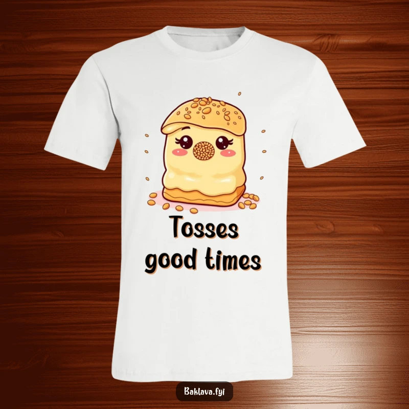 Funny T-Shirt: A baklava with a sprinkle nose juggles sesame seeds, depicting a funny, whimsical act.