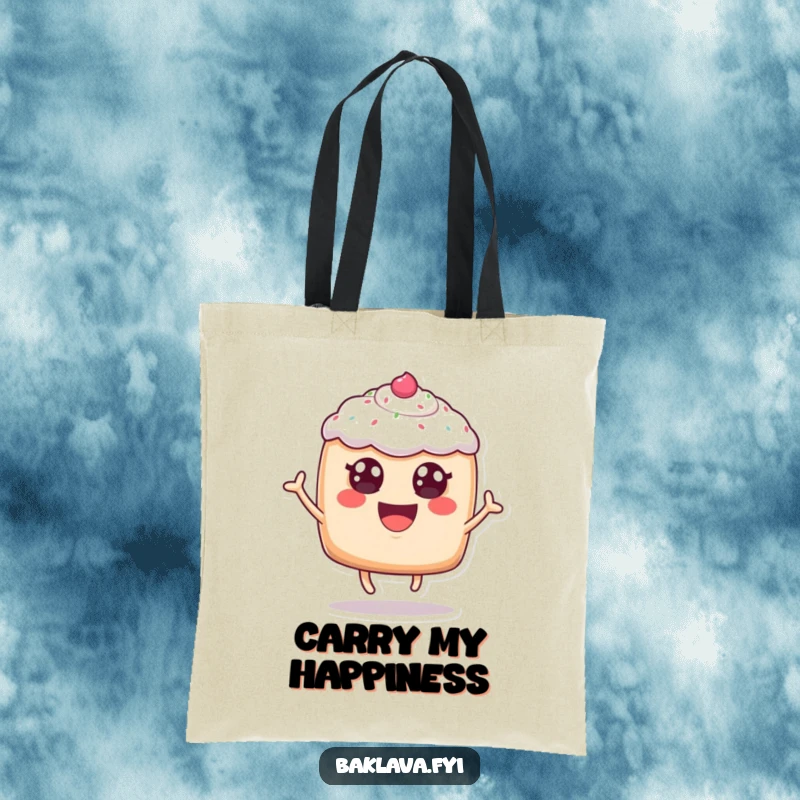 Funny, cheerful anthropomorphic pastry with frosting eyes leaping for joy, on a durable tote bag, perfect for carrying goodies with humor.