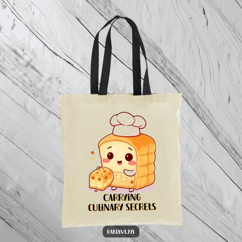 Funny baklava character chef with a tiny hat, offering a bite, a charming and humorous tote bag.