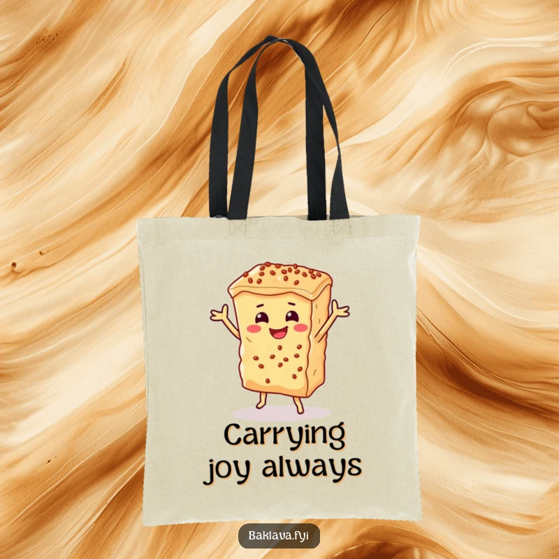Funny baklava piece dancing happily on a durable tote bag, ideal for carrying goodies with sweet, humorous flair.