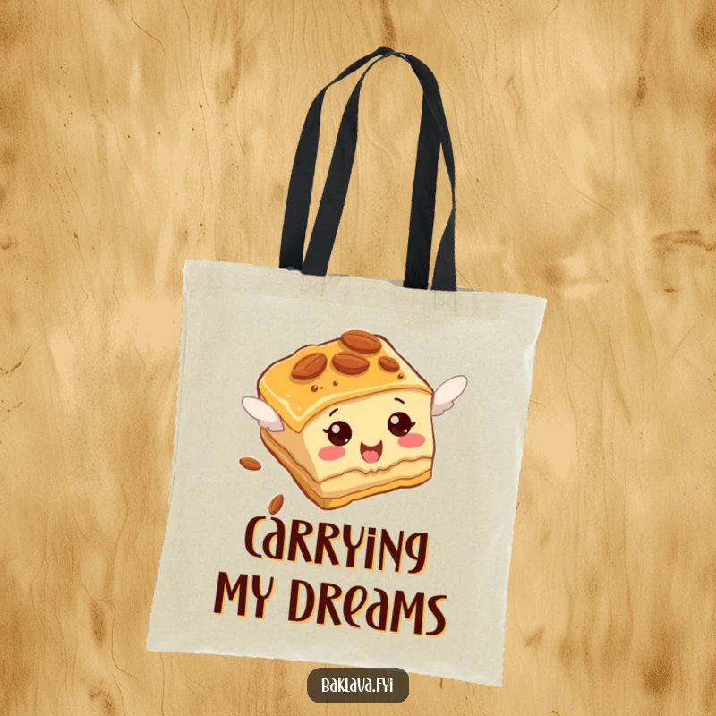 Funny Baklava Tote Bag featuring an almond-studded slice comically attempting to fly, ready for amusing outings.