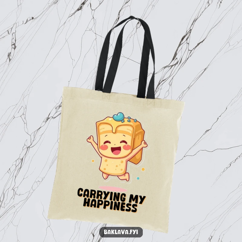 Funny baklava piece leaping with joy on a durable tote bag, ideal for carrying essentials with exuberant, humorous flair.
