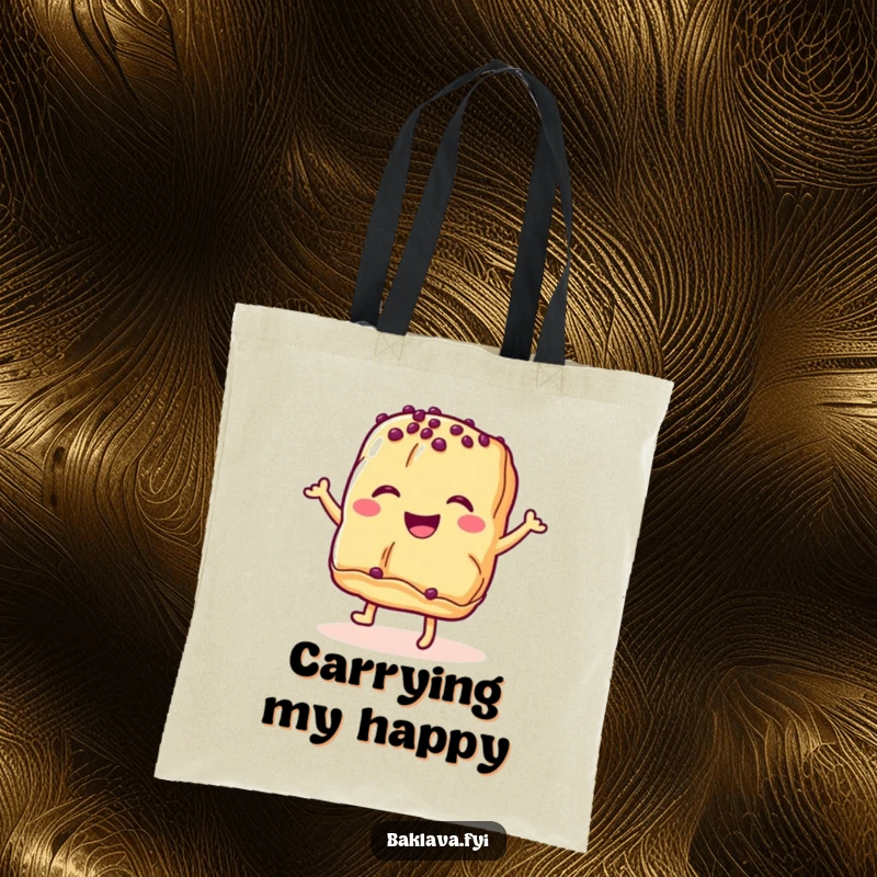 Funny baklava pastry tote bag with a smiling dessert celebrating with a happy dance, a stylish accessory for errands.