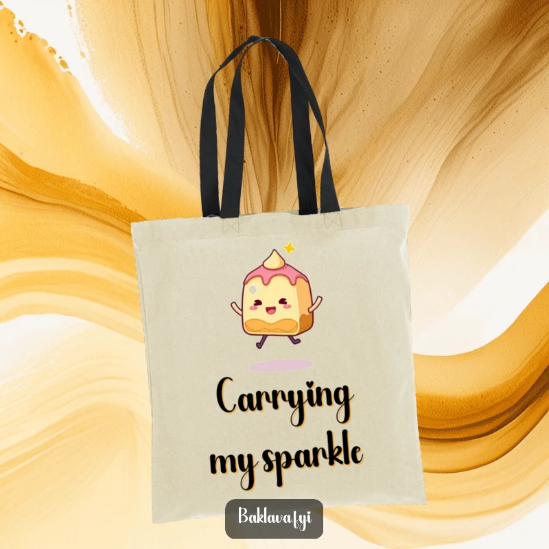 Funny Baklava Tote Bag featuring a whimsical, sparkly slice joyfully jumping, ready for fun outings.