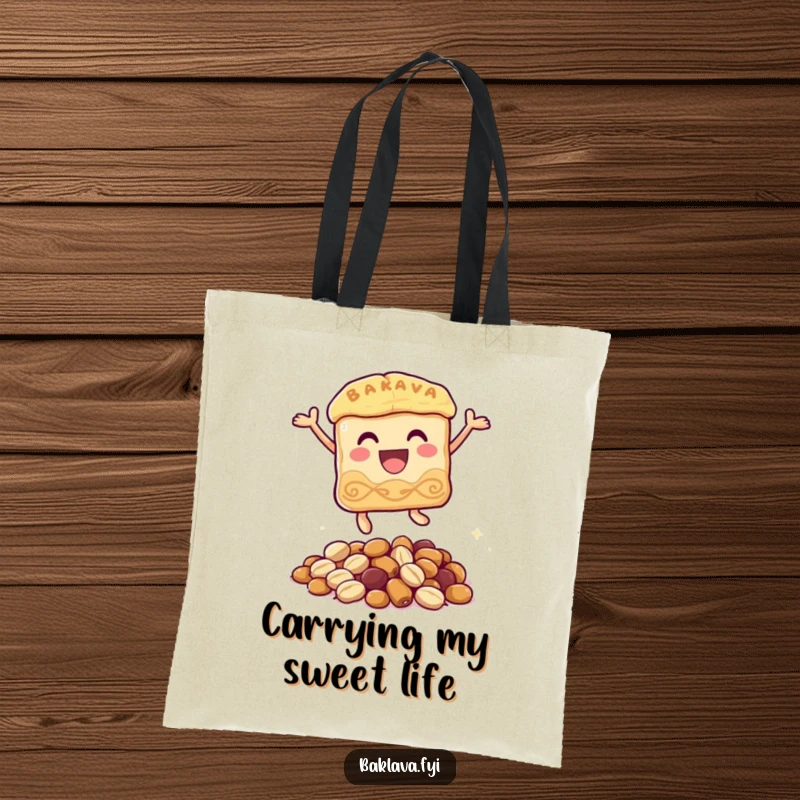 Funny baklava tote bag with a happy baklava character joyfully leaping over a small pile of nuts, ideal for stylish, humorous carry-alls.