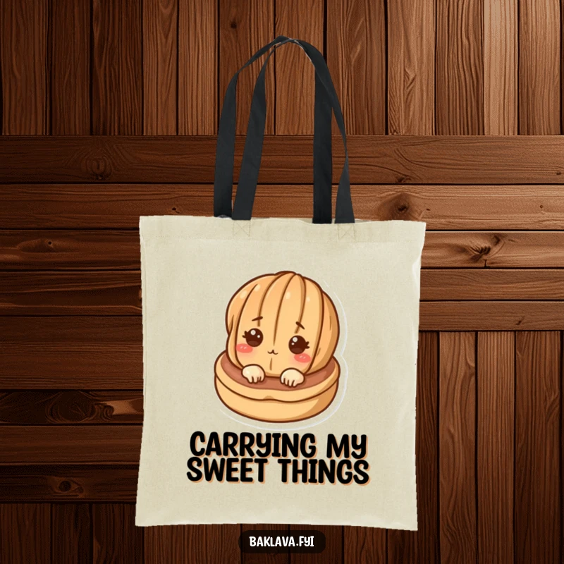 Funny curious walnut peeking from a pastry on a durable tote bag, showcasing playful design for everyday use.
