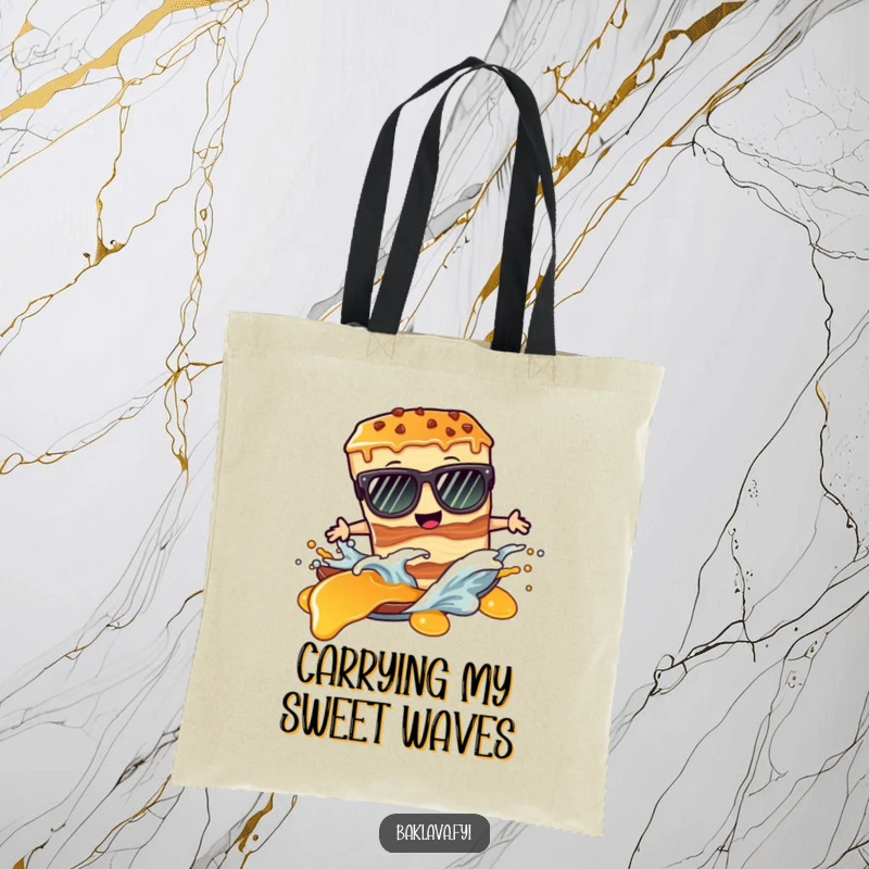 Funny tote bag: a baklava slice in sunglasses surfs a syrup wave, ready for adventure.