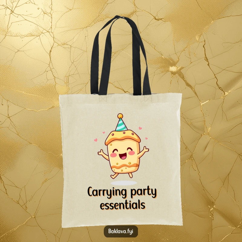 Funny tote bag: a baklava character in a party hat bounces with joy, ready for festivities.