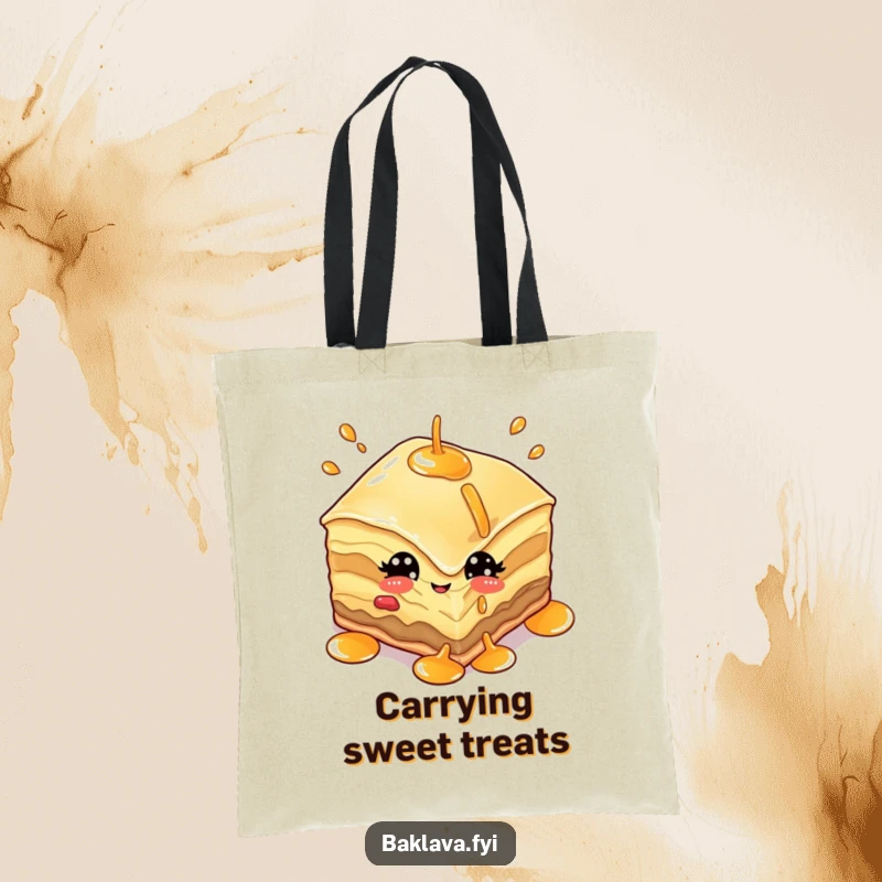 Funny tote bag with a baklava character winking playfully while juggling syrup, showcasing sweet culinary skills.