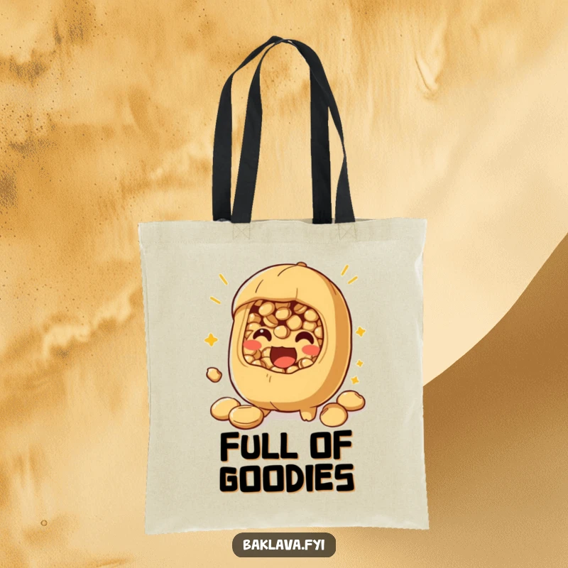 Funny nut filling tote bag with a playful character bursting with excitement, perfect for carrying essentials with flair.