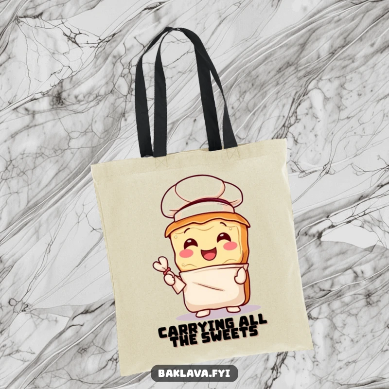Funny baklava chef tote bag, a joyful pastry with a chef hat and pastry bag, perfect for carrying groceries.