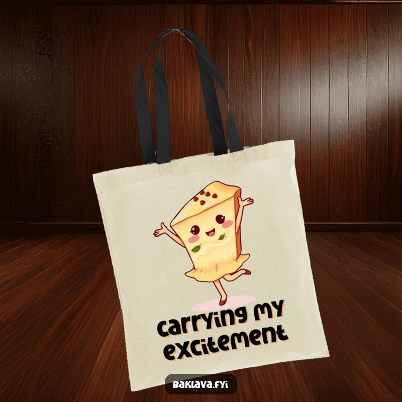 Funny baklava dancer tote bag featuring a delighted baklava slice mid-pirouette, ideal for carrying dance gear.
