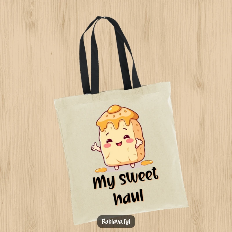 Funny Tote Bag: A baklava piece with arms hugs a honey pot, a humorous and practical accessory for sweet lovers.
