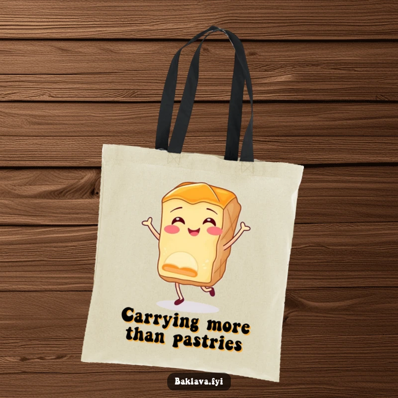 Funny baklava tote bag with a smiling piece of pastry doing a joyful little jig, ideal for carrying goodies with a side of humor.